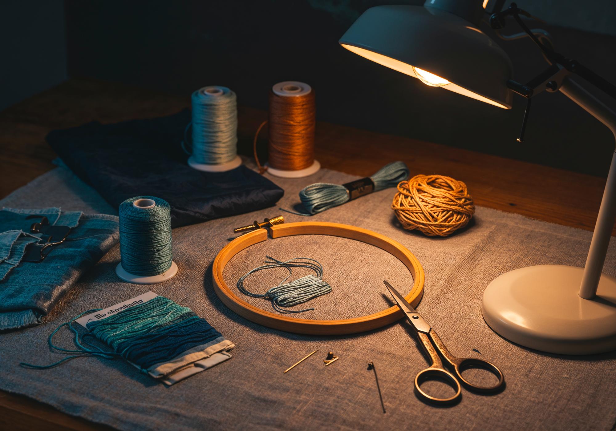 studio workspace with hoop and threads on table